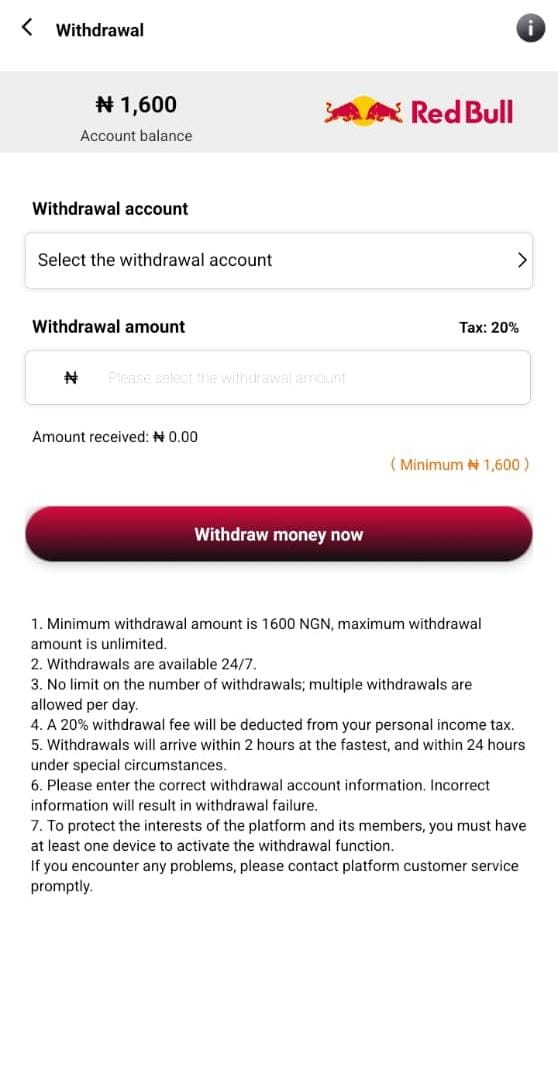 Withdrawal Process on Red Bull